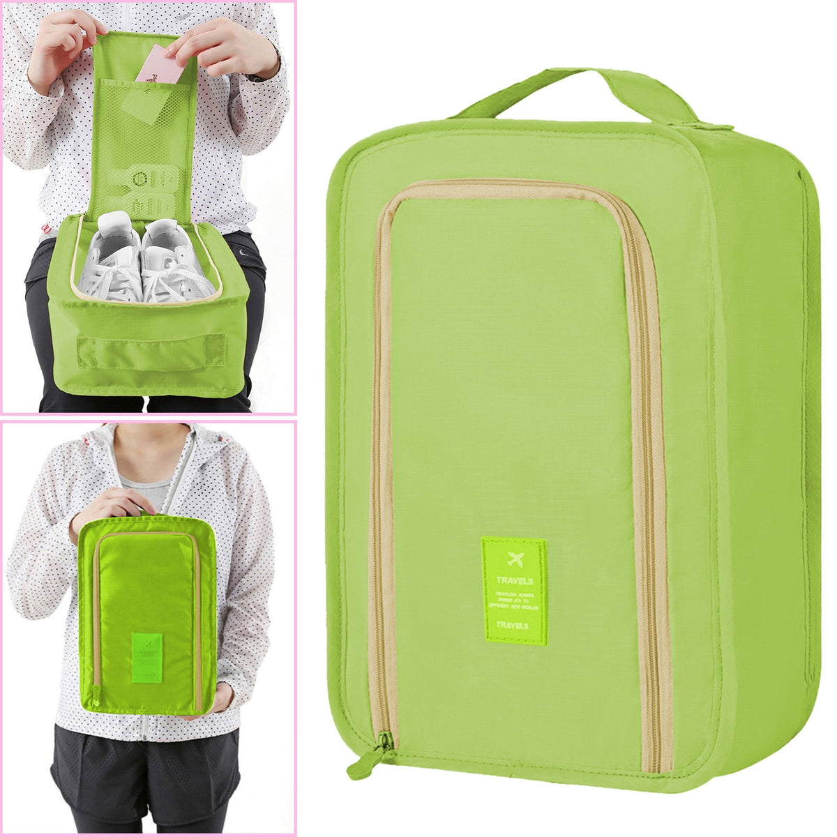 Travel Shoe Pouch in Green Polyester with Carry Handle, 11.81 Inches Long - Image 2