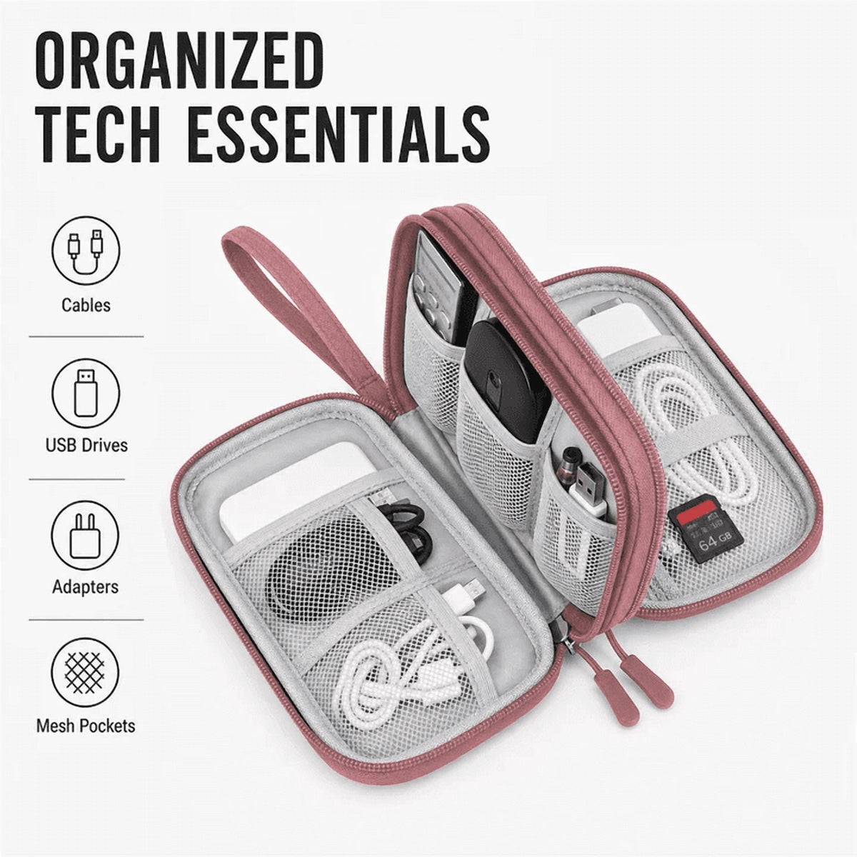 Double-Layer Cable Pouches, Two Pieces in Grey and Pink, 7.5 Inches Long - Image 4