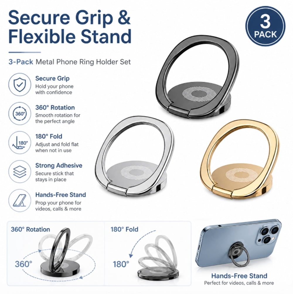 Finger Ring Phone Grips, Three Pieces with Swivel Base and Kickstand - Image 2