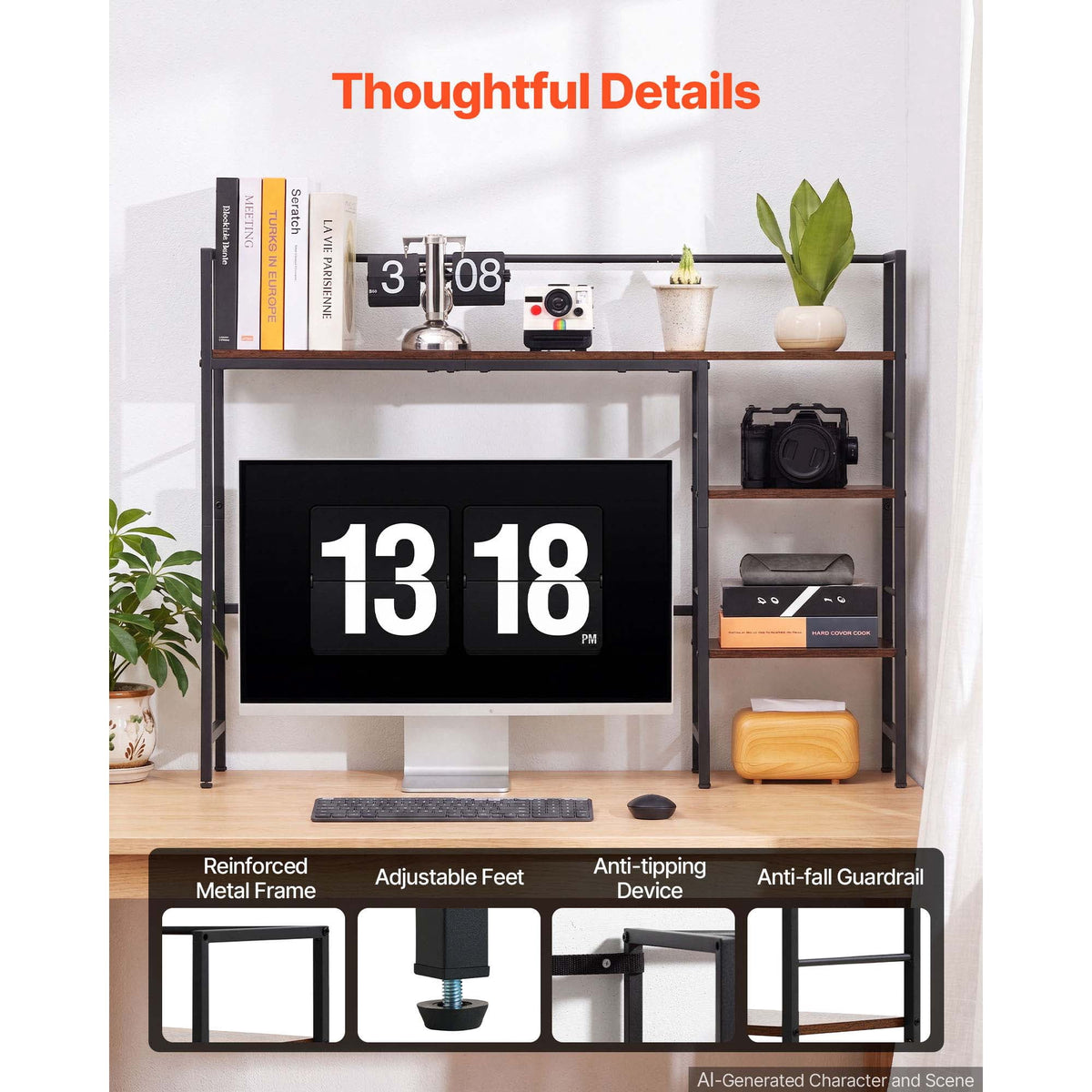 Four-Tier Desk Shelf with Metal Frame, Wood Shelves and Non-Slip Feet - Image 5