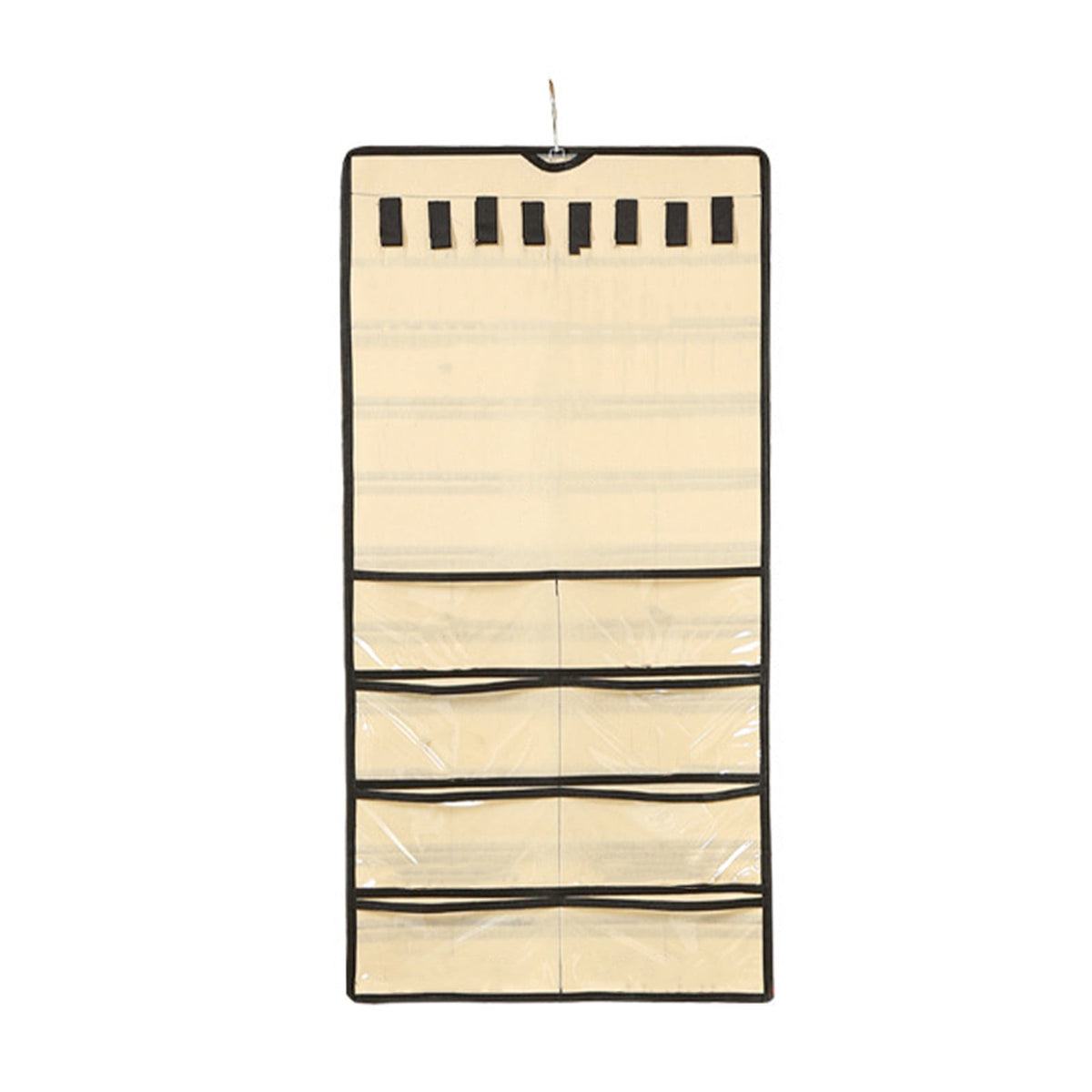 Hanging Jewelry Organizer in Beige with 48 Clear Pockets and Necklace Hooks