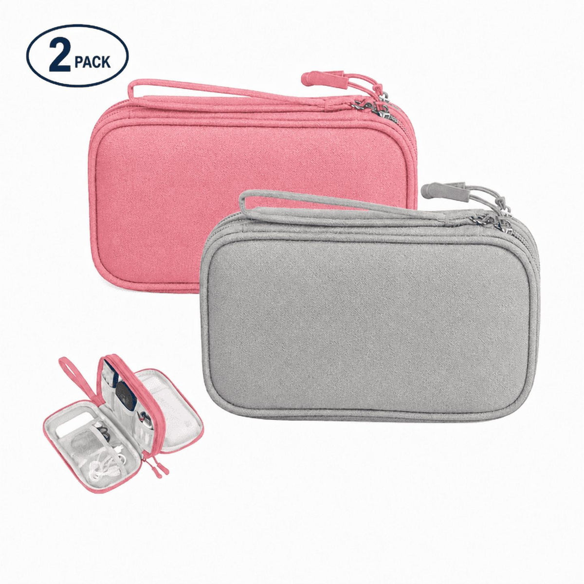 Double-Layer Cable Pouches, Two Pieces in Grey and Pink, 7.5 Inches Long