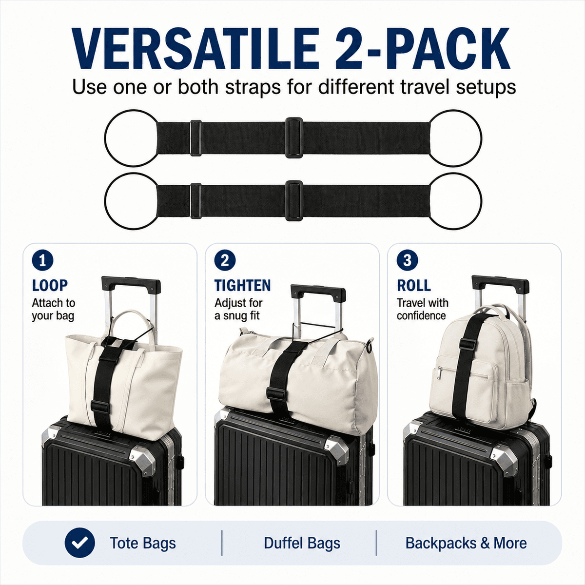 Adjustable Luggage Connector Straps, Two Pieces in Black Webbing - Image 3