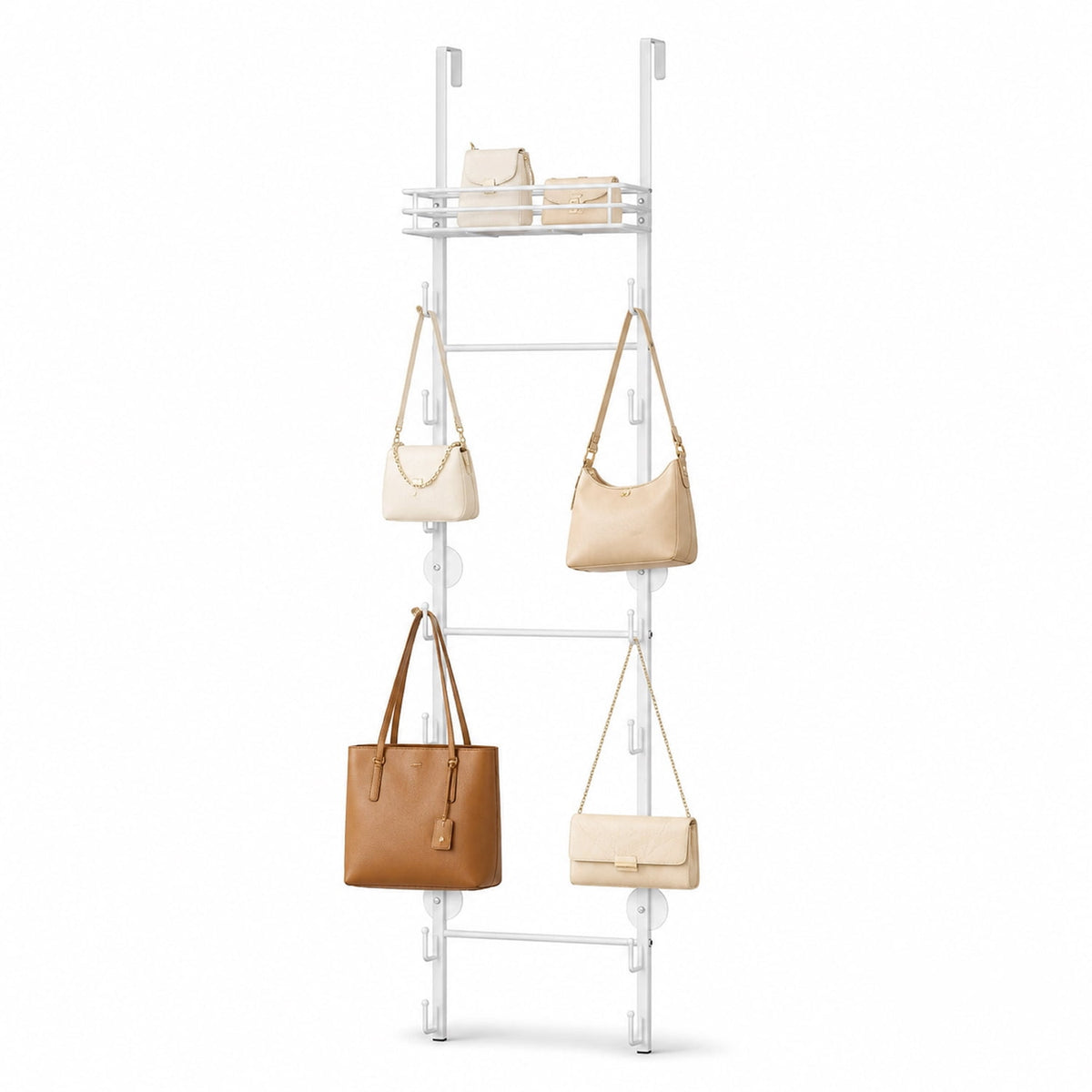 Over-the-Door Bag Organizer with Sixteen Hooks and a Top Basket in White
