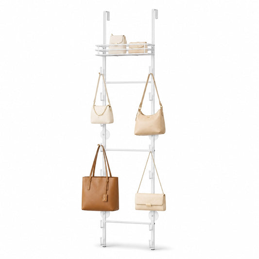 Over-the-Door Bag Organizer with Sixteen Hooks and a Top Basket in White