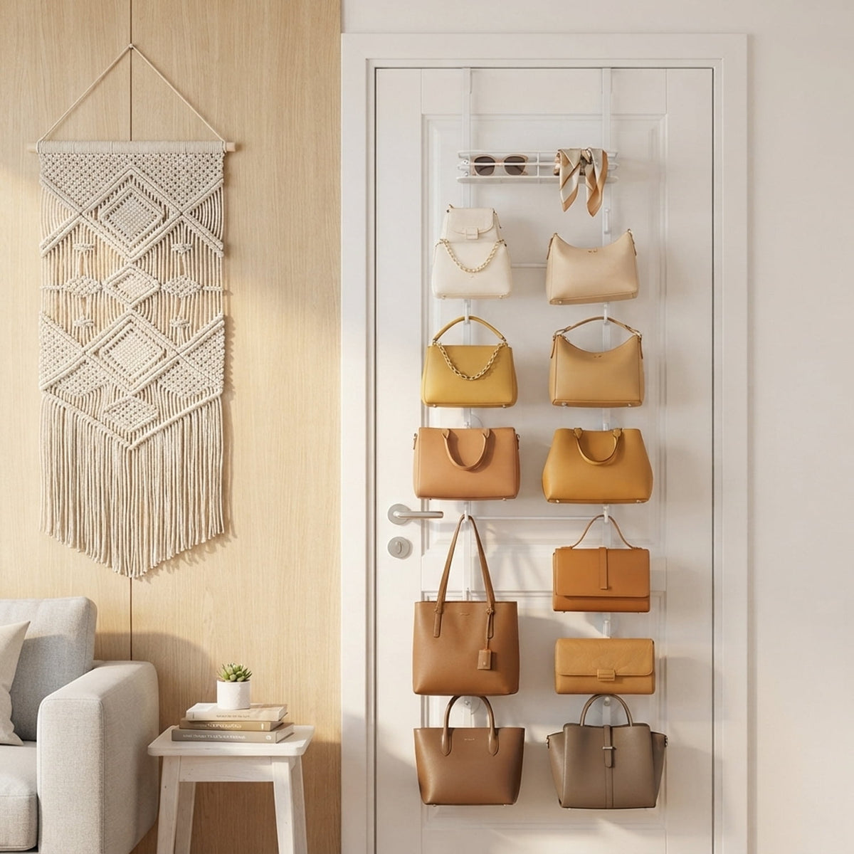 Over-the-Door Bag Organizer with Sixteen Hooks and a Top Basket in White - Image 4