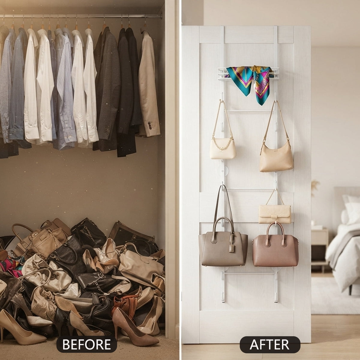 Over-the-Door Bag Organizer with Sixteen Hooks and a Top Basket in White - Image 3