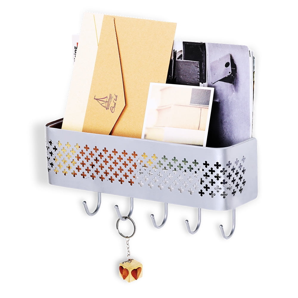Wall Letter Rack with Five Key Hooks in Silver Metal, 11 Inches Wide - Image 2