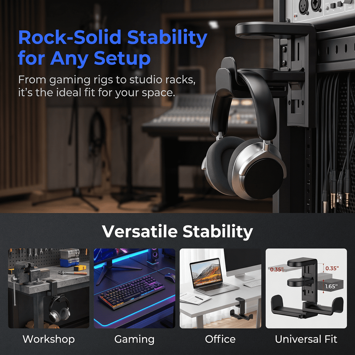 Under-Desk Headphone Hanger with Rotating Arm and Clamp for Thick Table Tops - Image 5