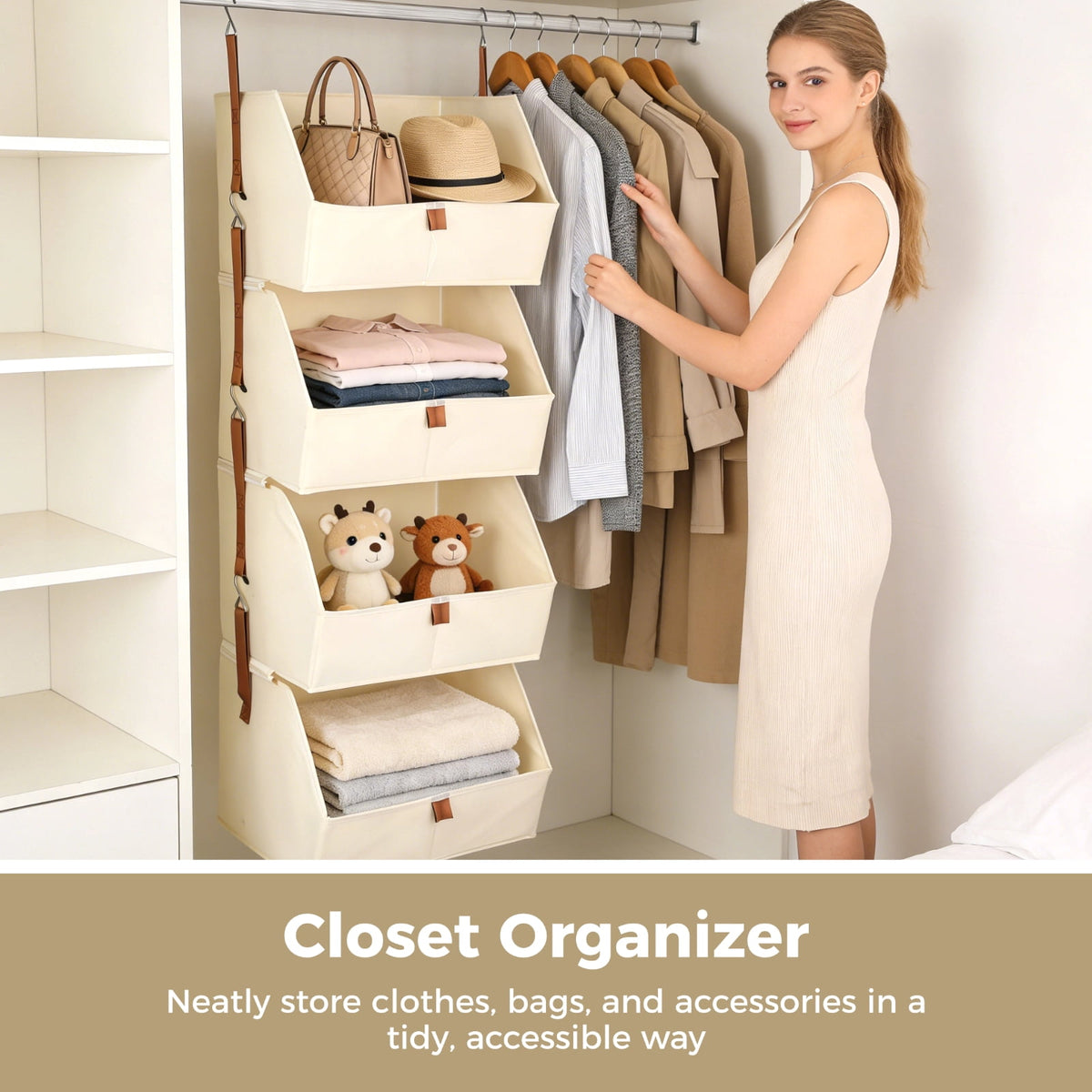 Four-Tier Hanging Closet Shelf in Beige Fabric, 47.2 by 10.2 by 12.2 Inches - Image 4
