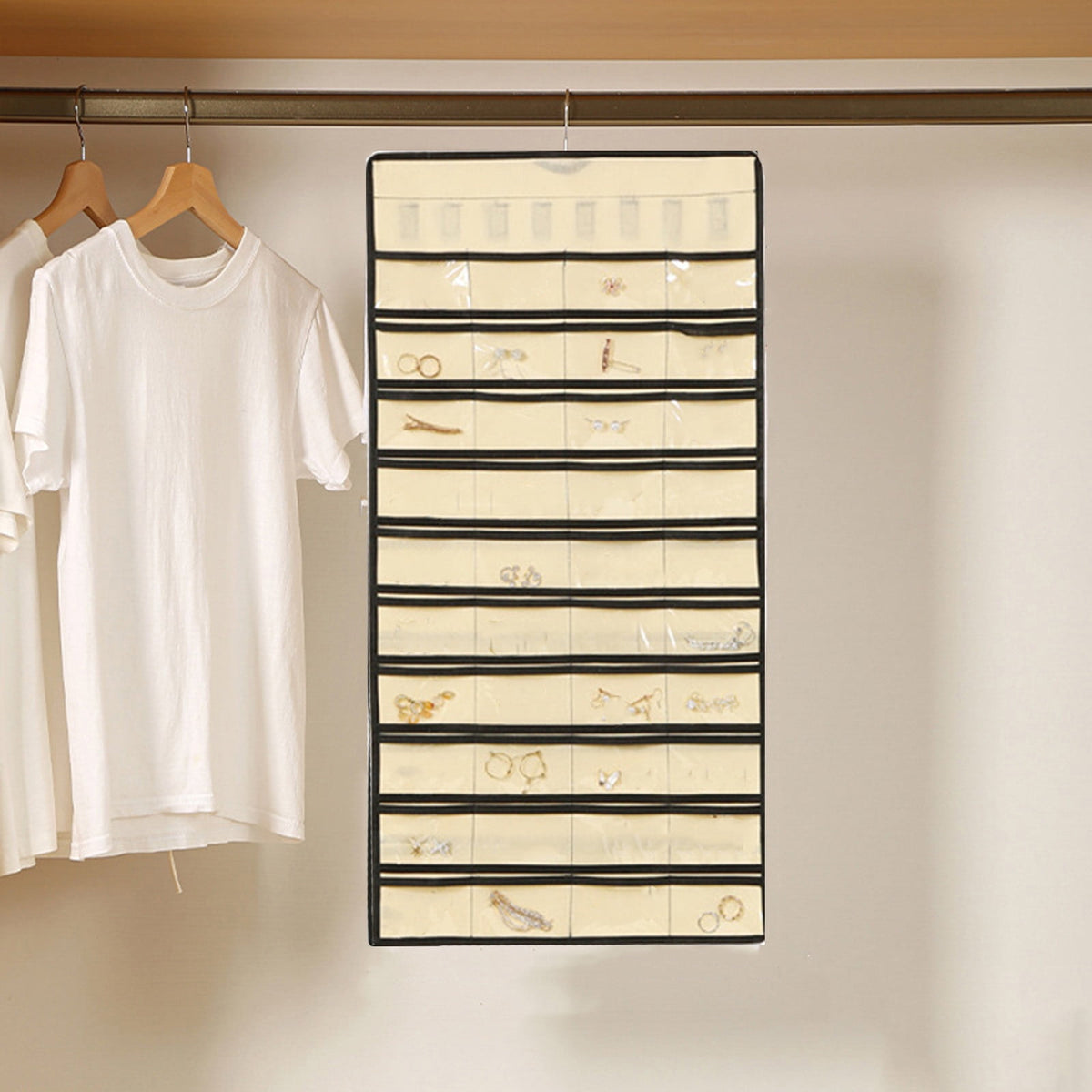 Hanging Jewelry Organizer in Beige with 48 Clear Pockets and Necklace Hooks - Image 2