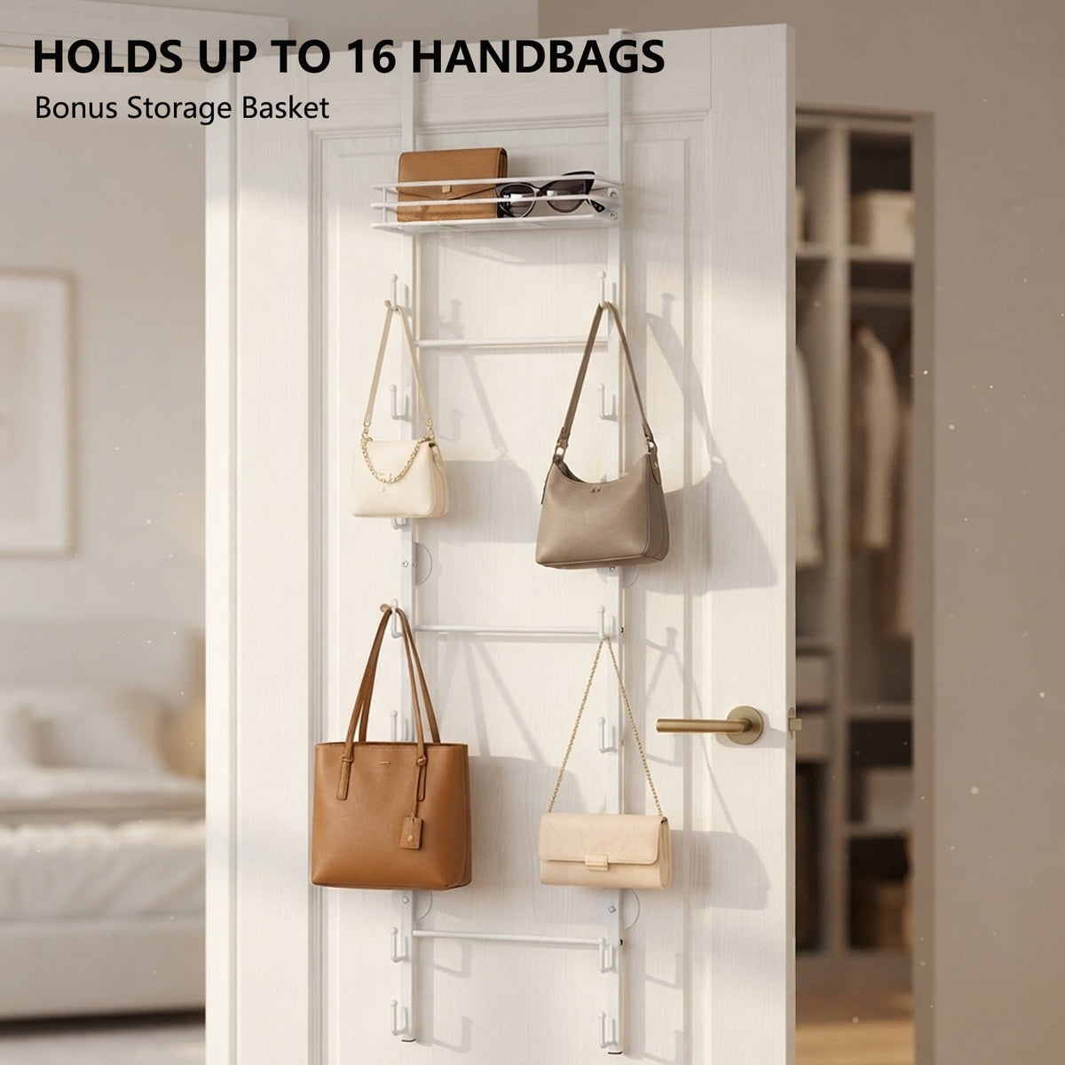 Over-the-Door Bag Organizer with Sixteen Hooks and a Top Basket in White - Image 2