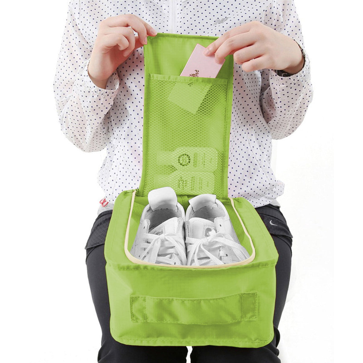 Travel Shoe Pouch in Green Polyester with Carry Handle, 11.81 Inches Long - Image 6
