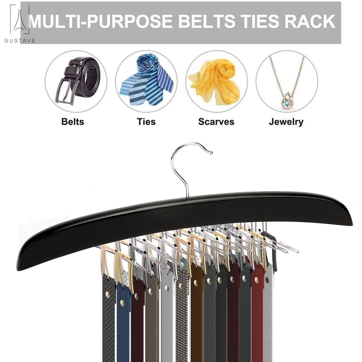 Wooden Tie and Belt Rack with 24 Swivel Hooks, 15.75 Inches Wide - Image 5