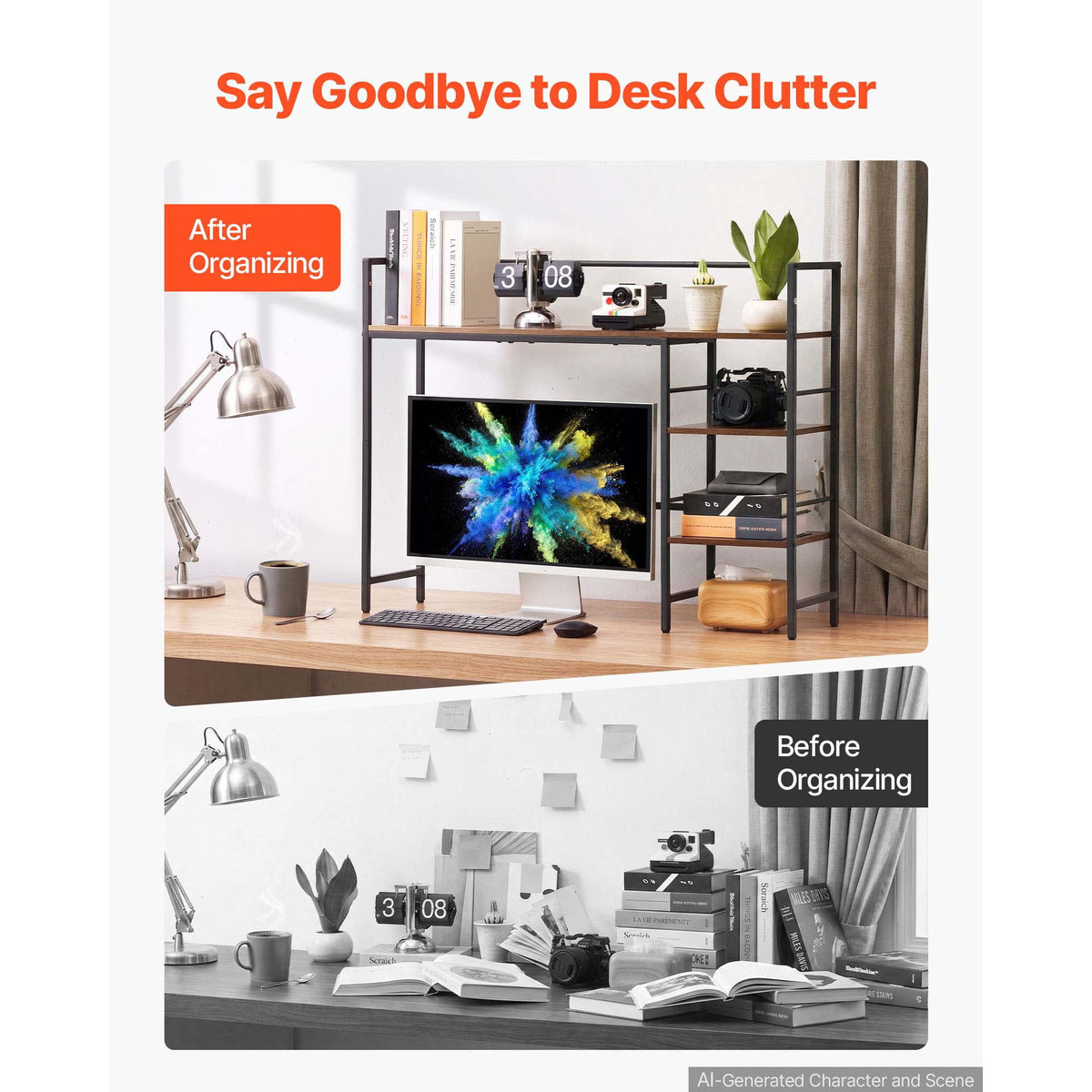 Four-Tier Desk Shelf with Metal Frame, Wood Shelves and Non-Slip Feet - Image 4
