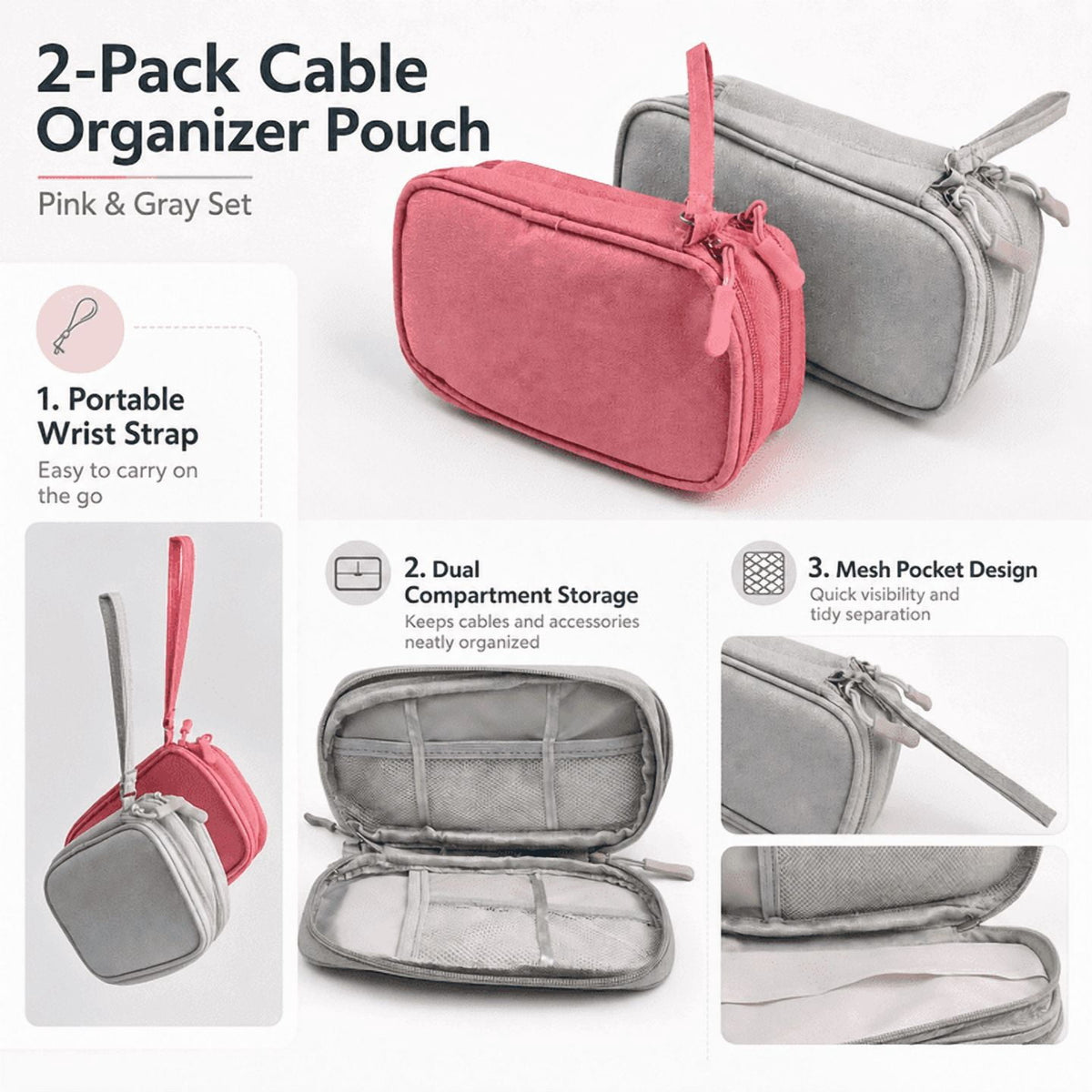 Double-Layer Cable Pouches, Two Pieces in Grey and Pink, 7.5 Inches Long - Image 5
