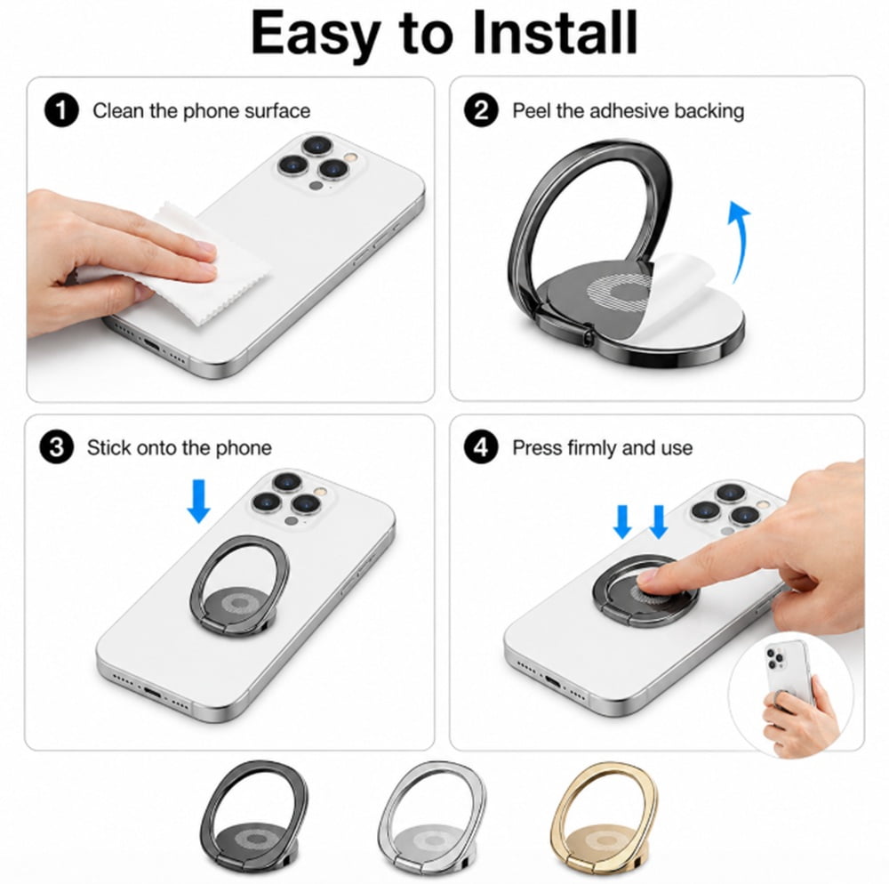Finger Ring Phone Grips, Three Pieces with Swivel Base and Kickstand - Image 5