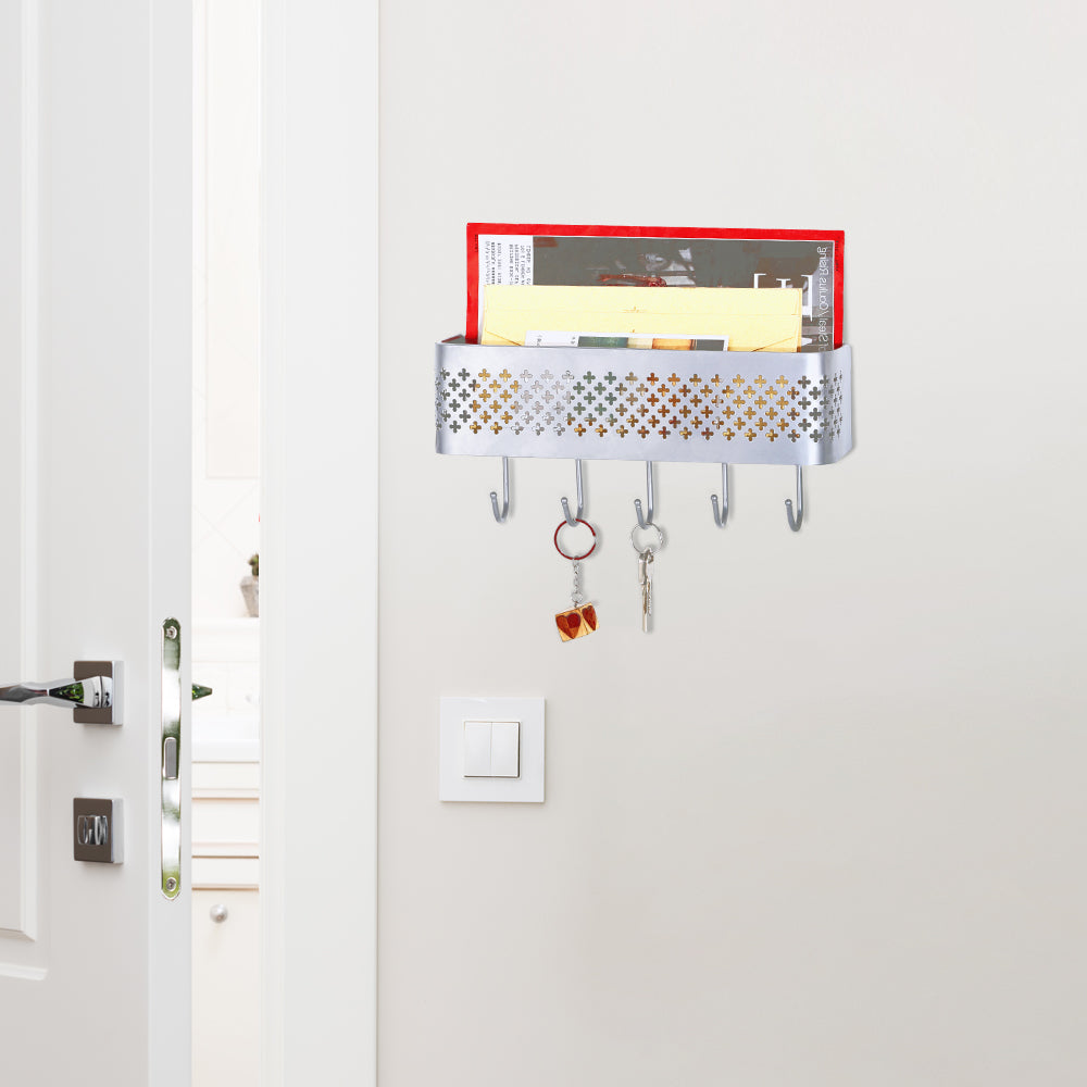 Wall Letter Rack with Five Key Hooks in Silver Metal, 11 Inches Wide - Image 3