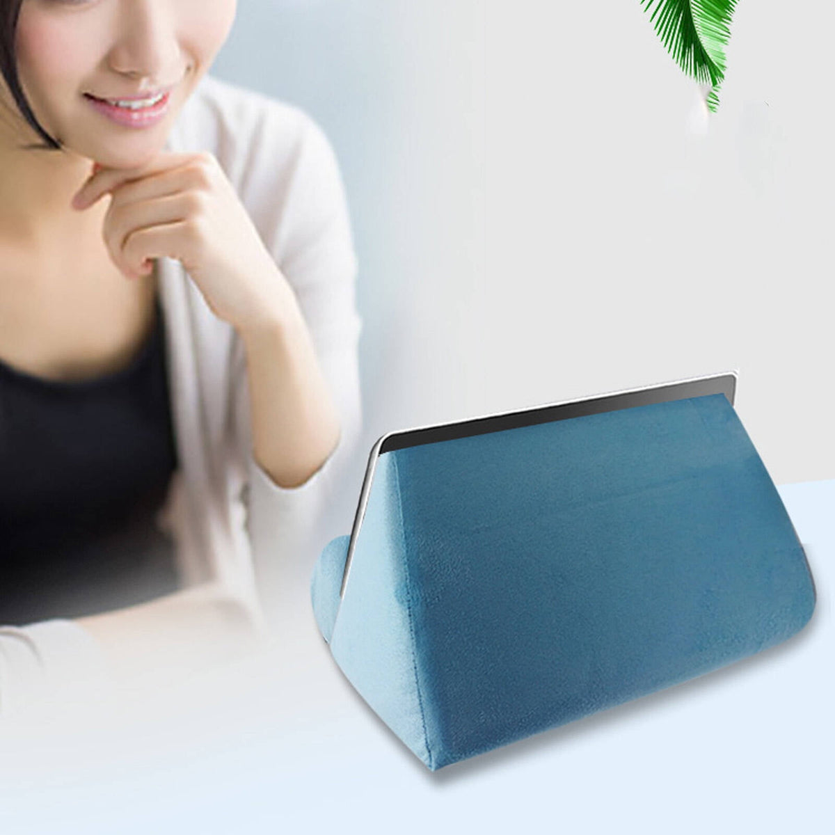 Suede Tablet Pillow Stand in Gray with Non-Slip Base and Sponge Filling - Image 2