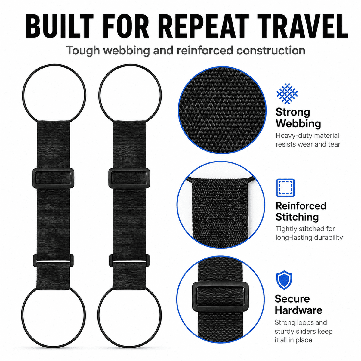 Adjustable Luggage Connector Straps, Two Pieces in Black Webbing - Image 2