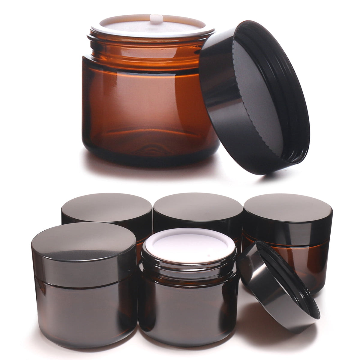 Amber Glass Jars, Six Pieces of 2 Ounces with Black Lids and Inner Liners