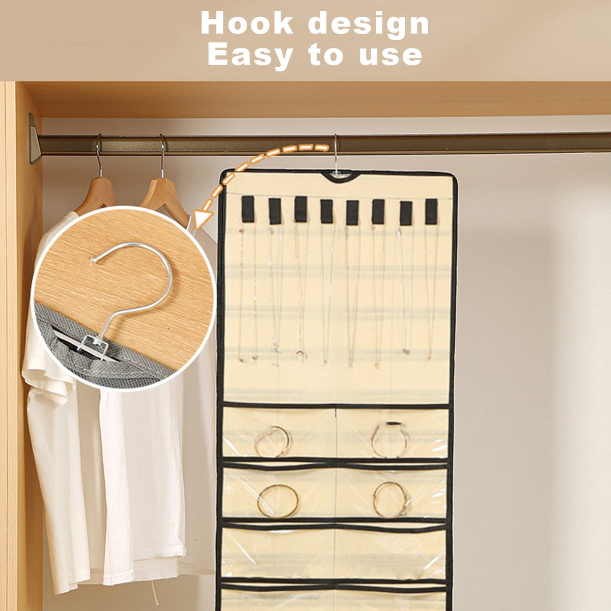 Hanging Jewelry Organizer in Beige with 48 Clear Pockets and Necklace Hooks - Image 4