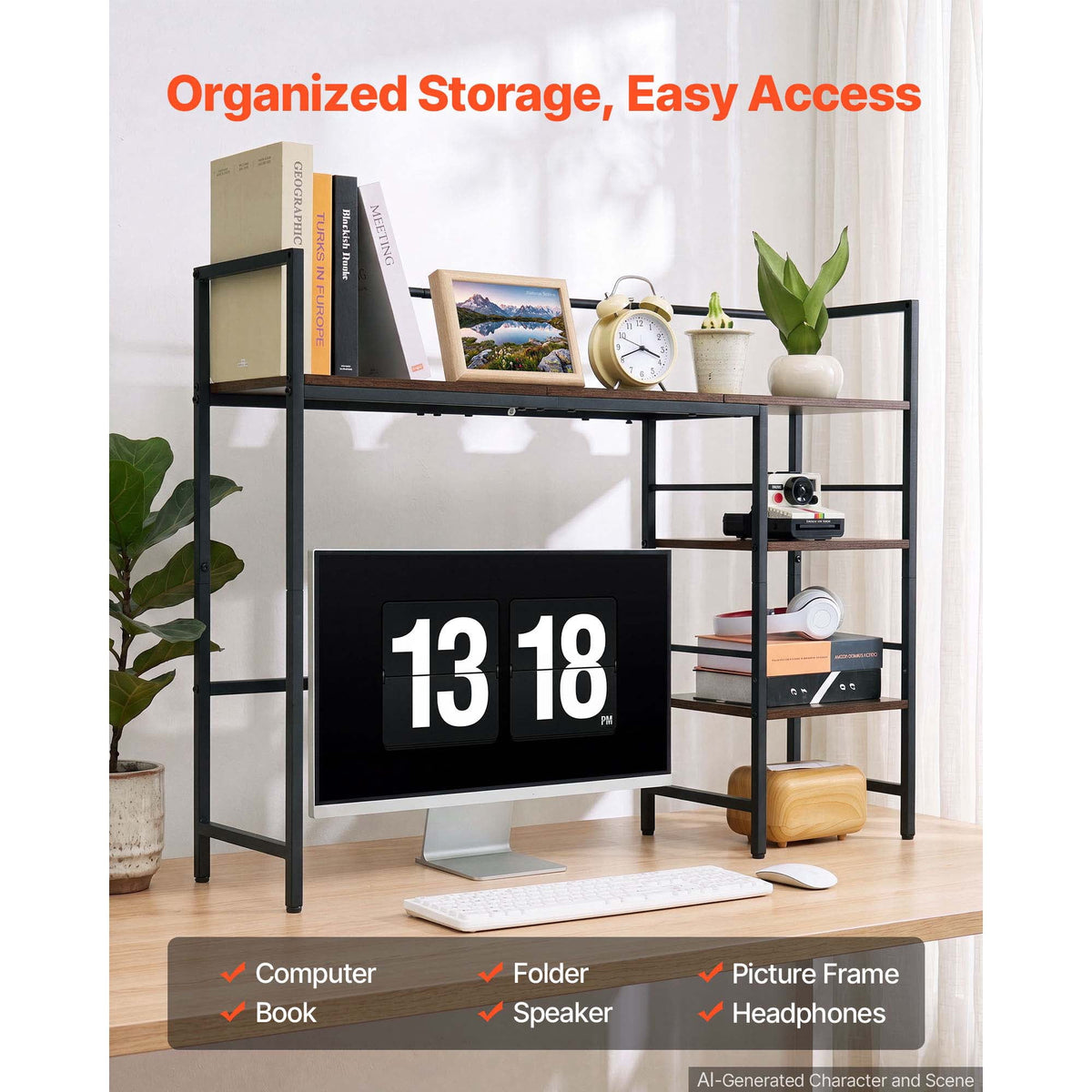 Four-Tier Desk Shelf with Metal Frame, Wood Shelves and Non-Slip Feet - Image 3